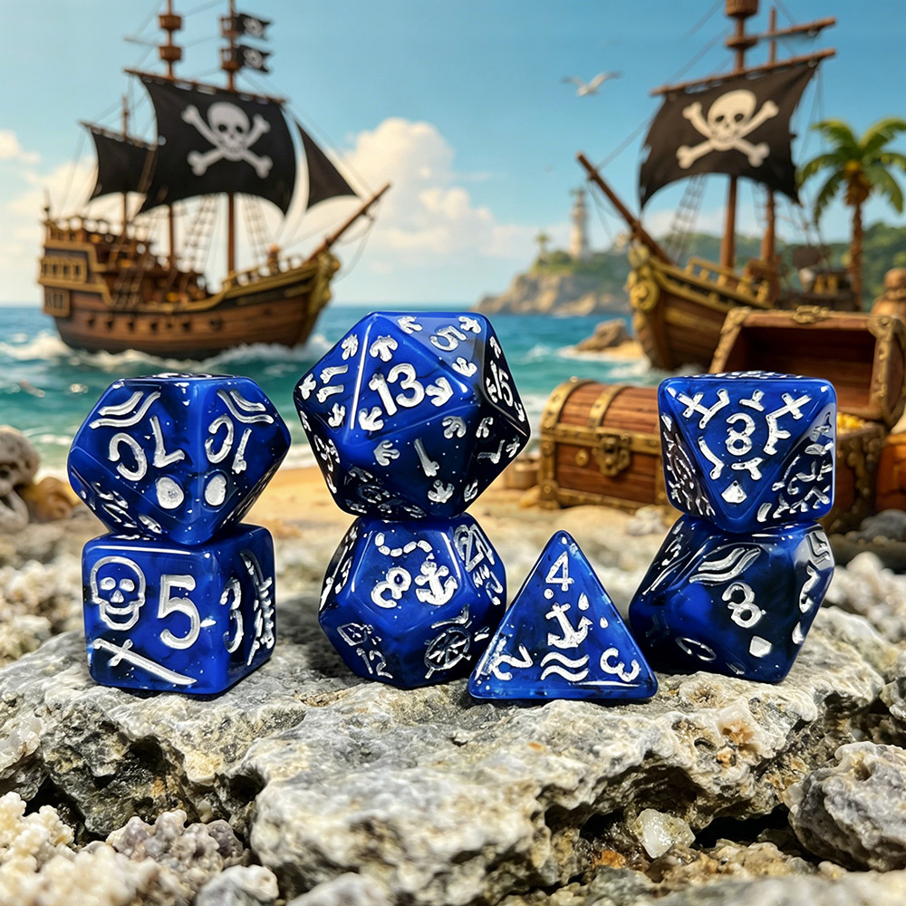 Board Game Pirates - 7-teiliges Piraten-Themen Würfelset, Blaue Marmorierte Acryl-Polyeder-Würfel