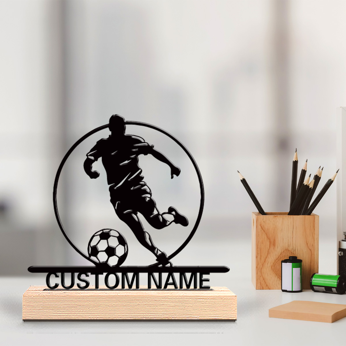 Board Game Football - Personalisierte Fußballspieler-Metallstatue mit Namen, Holzsockel Tischdekoration,
