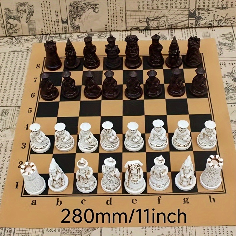 Board Game Vintage - Vintage Schachspiel PU-Leder-Brett 3D Geschnitzte Harz-Figuren